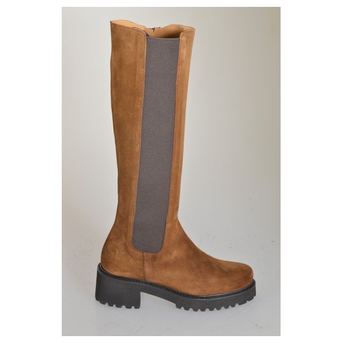 Botas para mujer en gamuza color marrón con elástico, cremallera y tacón 5 - Tallas disponibles:  32, 33, 34, 42, 43, 44, 45