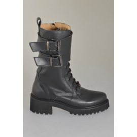 Woman’s three-quarter length lace-up boots in black leather with zip, double buckle and heel 5 - Available sizes:  32, 33, 34, 42, 43, 44, 45, 46