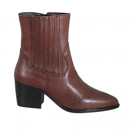 Botines camperas para mujer en piel color cuero con elásticos y cremallera, tacón 6 - Tallas disponibles:  32, 33, 34, 35, 42, 43, 44, 45, 46