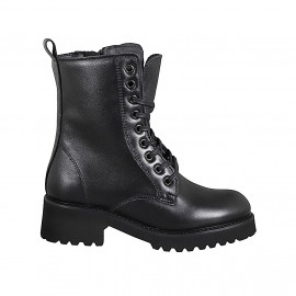 Botines para mujer con cordones en piel negra y cremallera, tacón 5 - Tallas disponibles:  32, 33, 34, 35, 42, 43, 44, 45, 46