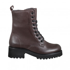 Botines para mujer con cordones en piel color marron oscuro y cremallera, tacón 5 - Tallas disponibles:  33, 34, 42, 43, 44, 45, 46