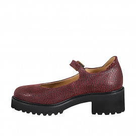 Zapatos Mary Jane para mujer en gamuza granate con estampado animal, tacón 5 - Tallas disponibles:  33, 34, 42, 43, 44, 45, 46 2