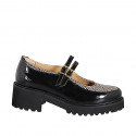 Zapatos Mary Jane para mujer con tiras en charol negro y gamuza beige con estampado animal, tacón 5 - Tallas disponibles:  43, 45, 46