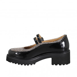 Décolletè Mary Jane da donna con cinturini in vernice nera e camoscio beige con stampa animalier tacco 5 - Misure disponibili: 33, 34, 42, 43, 44, 45, 46 2