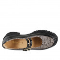 Zapatos Mary Jane para mujer con tiras en charol negro y gamuza beige con estampado animal, tacón 5 - Tallas disponibles:  43, 45, 46