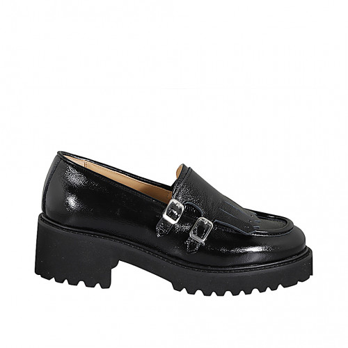 Woman’s black patent leather loafers with fringes, studs and buckles heel 5 - Available sizes:  32, 42, 43, 44, 45, 46