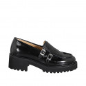 Woman’s black patent leather loafers with fringes, studs and buckles heel 5 - Available sizes:  32, 42, 43, 44, 45, 46