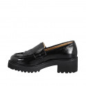 Woman’s black patent leather loafers with fringes, studs and buckles heel 5 - Available sizes:  32, 42, 43, 44, 45, 46