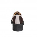 Zapatos Derby para mujer con cordones y detalle de punta de ala en gamuza color marrón oscuro y beige, tacón 4 - Tallas disponibles:  32, 33, 42, 43, 44, 45, 46