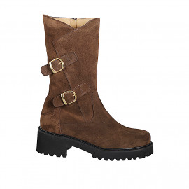 Woman’s three-quarter length brown suede boots with buckles, zip and heel 5 - Available sizes:  32, 33, 34, 42, 43, 44, 45, 46