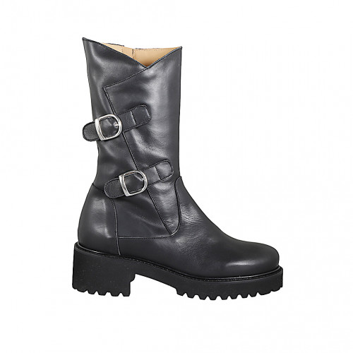 Woman’s three-quarter length black leather boots with buckles, zip and heel 5 - Available sizes:  32, 33, 34, 42, 43, 44, 45, 46