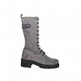 Botas para mujer de caña tres cuartos con cordones en gamuza color gris y piel negra, con cremallera y tacón 5 - Tallas disponibles:  33, 34, 42, 43, 44, 45, 46