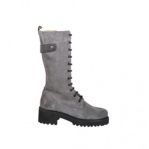 Woman’s three-quarter length lace-up boots in grey suede and black leather, with zip and heel 5 - Available sizes:  33, 34, 42, 43, 44, 45