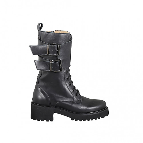 Woman’s three-quarter length lace-up boots in black leather with zip, double buckle and heel 5 - Available sizes:  32, 33, 34, 43, 44, 45, 46