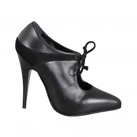 Zapatos de salón para mujer con cordones, punta fina, de piel y gamuza negra, con tacón de aguja 11 - Tallas disponibles:  31, 32, 33, 34, 35, 42, 43, 44, 45, 46, 47