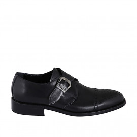 Man’s black leather buckle shoe with a brogue-detailed toe cap - Available sizes:  36, 37, 38, 46, 47, 49, 50, 51, 52