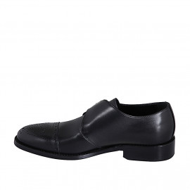 Man’s black leather buckle shoe with a brogue-detailed toe cap - Available sizes:  36, 37, 38, 46, 47, 49, 50, 51, 52 2
