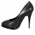 Woman's round-toe pumps in black leather with stiletto heel, platform and heel 11 - Available sizes:  31, 32, 33, 34, 35, 42, 43, 44, 45, 46
