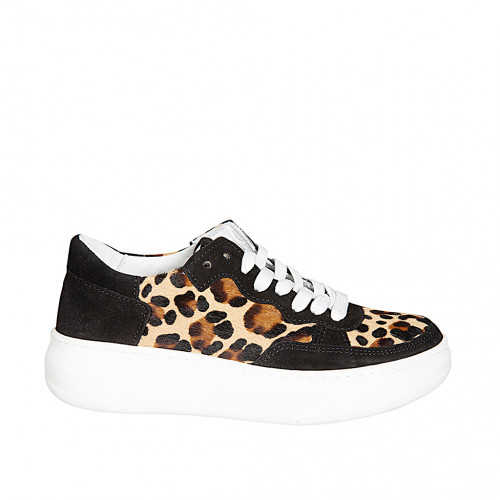 Woman’s lace-up sneaker in black suede and spotted calf hair, with removable insole and wedge 4 - Available sizes:  32, 33, 35, 42, 43, 44, 46