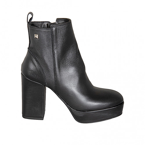 Botines para mujer con plataforma en piel negra, cremallera y tachuela, tacón 10 - Tallas disponibles:  32, 33, 34, 43, 44, 45