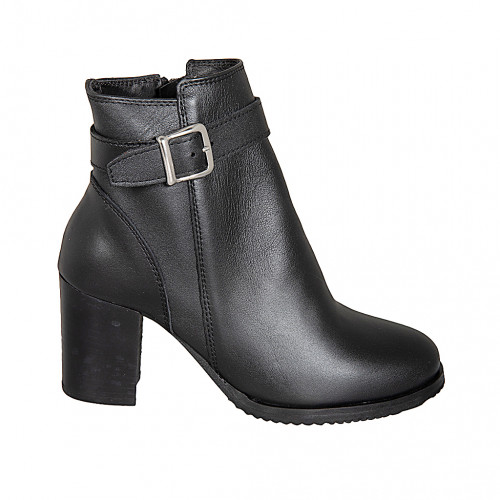 Botines para mujer en piel negra con cremallera y correa con hebilla, tacón 7 - Tallas disponibles:  32, 33, 34, 42, 43, 44, 45