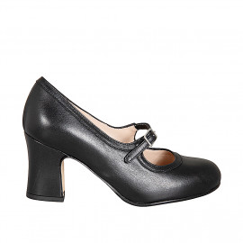 Woman’s black leather Mary Jane pumps with a round toe and block heel 7 - Available sizes:  32, 33, 34, 35, 43, 44, 45, 46