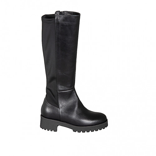 Woman’s black leather and stretch fabric boots with zip and heel 4 - Available sizes:  32, 33, 34, 43, 44, 45