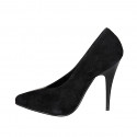 Woman's pointy pumps in black leather and suede with V-cut vamp and heel 11 - Available sizes:  31, 32, 34, 35, 42, 43, 44, 45, 46, 47