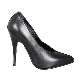 Woman's pointy pumps in black leather and suede with V-cut vamp and heel 11 - Available sizes:  31, 32, 34, 35, 42, 43, 44, 45, 46, 47
