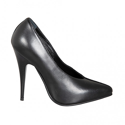 Woman's pointy pumps in black leather and suede with V-cut vamp and heel 11 - Available sizes:  31, 32, 34, 35, 42, 43, 44, 45, 46, 47