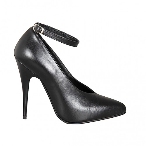 Woman's pointy pumps in black leather with V-cut vamp, ankle strap and heel 11 - Available sizes:  31, 32, 34, 35, 42, 43, 44, 45, 46, 47