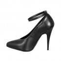 Woman's pointy pumps in black leather with V-cut vamp, ankle strap and heel 11 - Available sizes:  31, 32, 34, 35, 42, 43, 44, 45, 46, 47