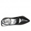 Woman's pointy pumps in black leather with V-cut vamp, ankle strap and heel 11 - Available sizes:  31, 32, 34, 35, 42, 43, 44, 45, 46, 47