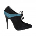 Woman's lace-up pointy pumps in black and petrol green suede heel 11 - Available sizes:  31, 32, 34, 35, 42, 43, 44, 45, 46, 47