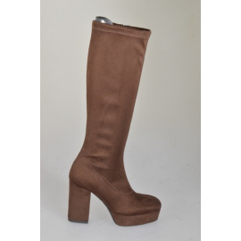 Bottes pour femmes à plateforme en daim et daim stretch marron foncé avec fermeture éclair, talon 10 - Pointures disponibles:  33, 34, 35, 42, 43, 44, 45, 46