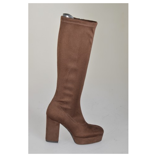 Botas para mujer con plataforma en gamuza y gamuza elástica marrón oscuro con cremallera, tacón 10 - Tallas disponibles:  33, 34, 35, 42, 43, 44, 45, 46