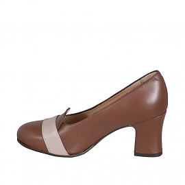 Woman's round-toe loafer in tan and nude leather with block heel 7 - Available sizes:  32, 33, 34, 35, 43, 45, 46 2