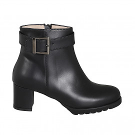 Black leather woman’s ankle boots with zip fastening, buckle strap and heel 5 - Available sizes:  32, 33, 34, 42, 43, 44, 45