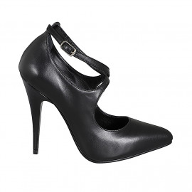 Zapato de salòn para mujer con punta en piel negra con tiras cruzadas, tacón 11 - Tallas disponibles:  31, 32, 33, 34, 35, 42, 43, 44, 45, 46, 47
