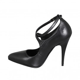 Zapato de salòn para mujer con punta en piel negra con tiras cruzadas, tacón 11 - Tallas disponibles:  31, 32, 33, 34, 35, 42, 44, 45, 46, 47 2