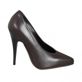 Zapato de salòn para mujer con punta en piel y gamuza marrón oscuro con escote en V, tacón 11 - Tallas disponibles:  31, 32, 33, 34, 35, 42, 43, 44, 45, 46, 47