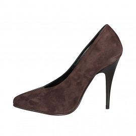 Zapato de salòn para mujer con punta en piel y gamuza marrón oscuro con escote en V, tacón 11 - Tallas disponibles:  31, 32, 33, 34, 35, 42, 43, 44, 45, 46, 47 2