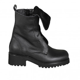 Woman’s black leather lace-up ankle boots with black shearling-trimmed leather cuff and heel 5 - Available sizes:  32, 33, 34, 42, 43, 44, 45