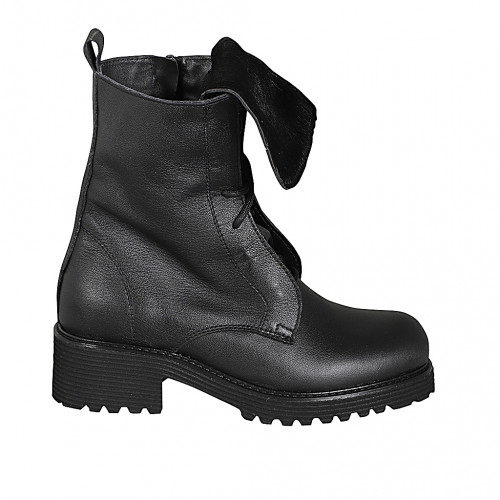 Woman’s black leather lace-up ankle boots with black shearling-trimmed leather cuff and heel 5 - Available sizes:  32, 33, 34, 42, 43, 44, 45