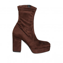 Botines para mujer con plataforma en gamuza y gamuza elástica marrón oscuro con cremallera, tacón 10 - Tallas disponibles:  33, 34, 42, 43, 44, 45, 46