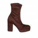 Woman’s dark brown suede and stretch suede platform ankle boots with zip and heel 10 - Available sizes:  33, 34, 42, 43, 44, 45, 46