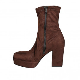 Bottines pour femmes à plateforme en daim et daim stretch marron foncé avec fermeture éclair, talon 10 - Pointures disponibles:  33, 34, 42, 43, 44, 45, 46 2