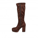 Botas para mujer con plataforma en gamuza y gamuza elástica marrón oscuro con cremallera, tacón 10 - Tallas disponibles:  33, 34, 35, 42, 43, 44, 45