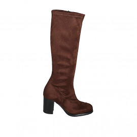 Botas para mujer en gamuza y gamuza elástica marrón oscuro con cremallera, tacón 7 - Tallas disponibles:  33, 34, 42, 43, 44
