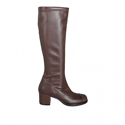 Botas para mujer con punta en piel y piel elástica marrón oscuro con cremallera, tacón 5 - Tallas disponibles:  32, 33, 34, 42, 44, 45